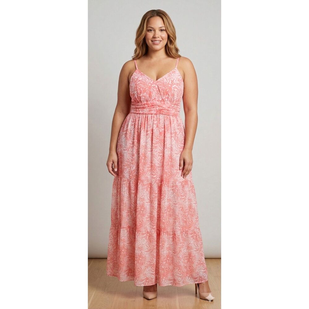 Vintage Moda International Maxi Dress XL Pink Chiffon Low Cut Tie Back Summer